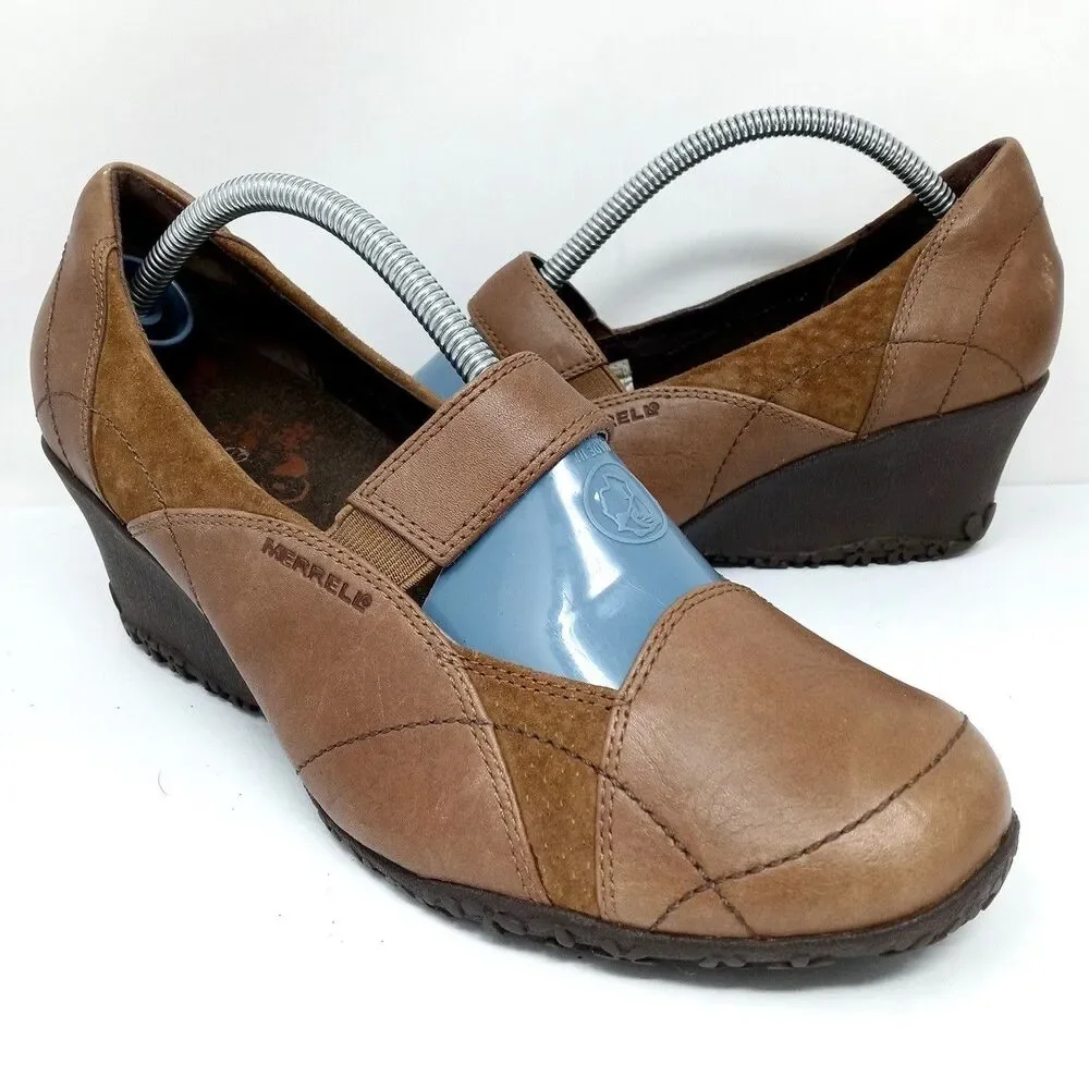 Merrell Mary Jane Wedges Womens Size 9.5 Brown Leather Shoes Vibram Sole